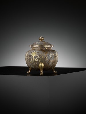 Lot 157 - A PARCEL-GILT SILVER TRIPOD JAR AND COVER, TANG DYNASTY