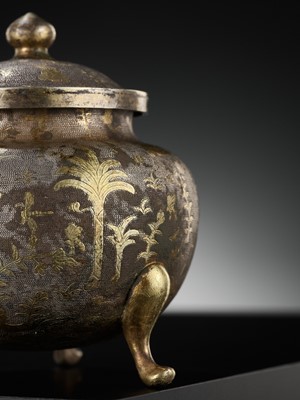 Lot 157 - A PARCEL-GILT SILVER TRIPOD JAR AND COVER, TANG DYNASTY