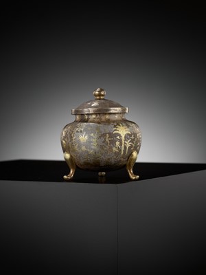 Lot 157 - A PARCEL-GILT SILVER TRIPOD JAR AND COVER, TANG DYNASTY