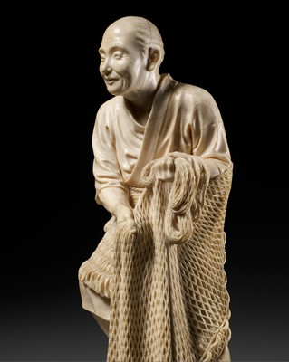 Lot 284 - HOKO: A FINE TOKYO SCHOOL IVORY OKIMONO OF AN ELDERLY FISHERMAN WITH HIS NET