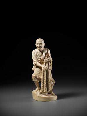 Lot 284 - HOKO: A FINE TOKYO SCHOOL IVORY OKIMONO OF AN ELDERLY FISHERMAN WITH HIS NET