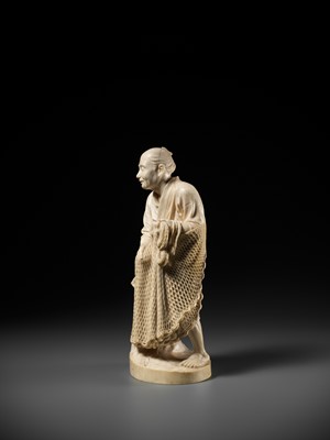 Lot 284 - HOKO: A FINE TOKYO SCHOOL IVORY OKIMONO OF AN ELDERLY FISHERMAN WITH HIS NET