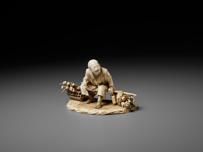 Lot 296 - TOSHIMUNE: A FINE IVORY OKIMONO DEPICTING A RESTING FLOWER SELLER