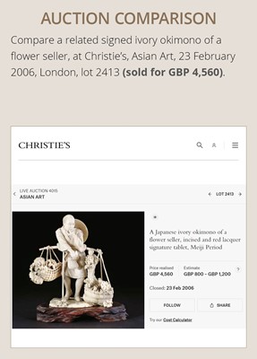 Lot 296 - TOSHIMUNE: A FINE IVORY OKIMONO DEPICTING A RESTING FLOWER SELLER