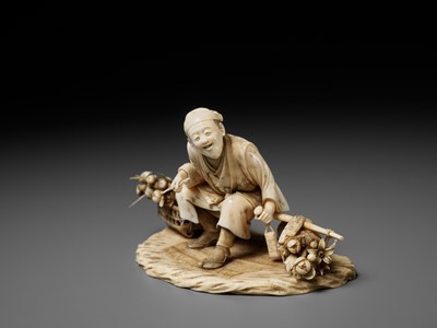 Lot 296 - TOSHIMUNE: A FINE IVORY OKIMONO DEPICTING A RESTING FLOWER SELLER