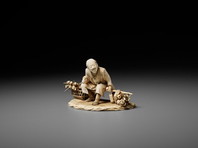 Lot 296 - TOSHIMUNE: A FINE IVORY OKIMONO DEPICTING A RESTING FLOWER SELLER