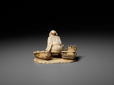 Lot 296 - TOSHIMUNE: A FINE IVORY OKIMONO DEPICTING A RESTING FLOWER SELLER