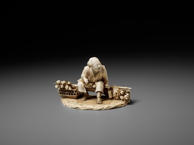 Lot 296 - TOSHIMUNE: A FINE IVORY OKIMONO DEPICTING A RESTING FLOWER SELLER