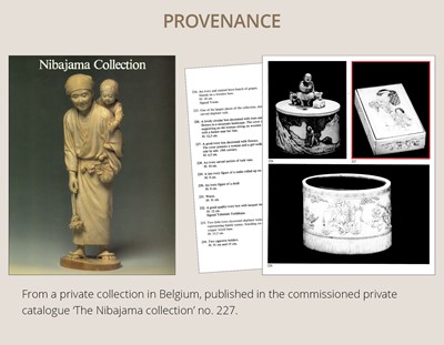 Lot 271 - A FINE IVORY BOX AND COVER DEPICTING A BIJIN WITH CHILD