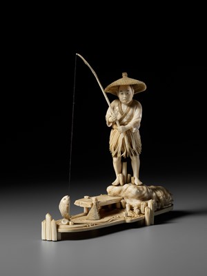Lot 282 - SEISHU: A RARE IVORY OKIMONO OF A FISHERMAN REELING IN A FISH