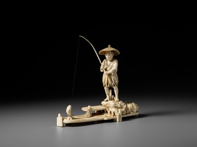 Lot 282 - SEISHU: A RARE IVORY OKIMONO OF A FISHERMAN REELING IN A FISH