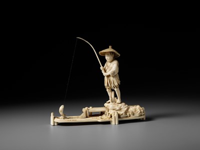 Lot 282 - SEISHU: A RARE IVORY OKIMONO OF A FISHERMAN REELING IN A FISH
