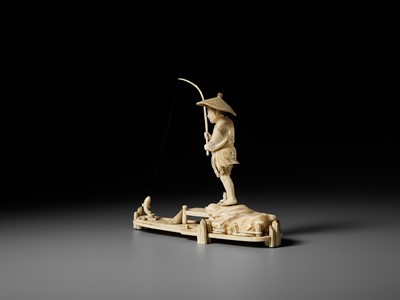 Lot 282 - SEISHU: A RARE IVORY OKIMONO OF A FISHERMAN REELING IN A FISH