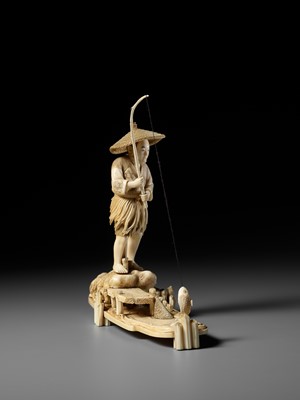 Lot 282 - SEISHU: A RARE IVORY OKIMONO OF A FISHERMAN REELING IN A FISH