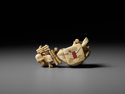Lot 162 - HIROYUKI: AN IVORY OKIMONO OF A WOODCUTTER WITH CHILD