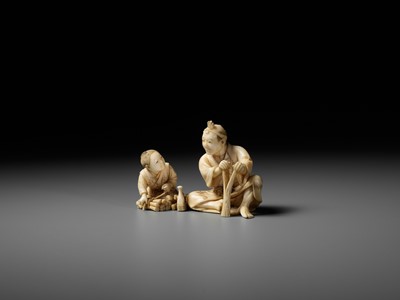 Lot 162 - HIROYUKI: AN IVORY OKIMONO OF A WOODCUTTER WITH CHILD