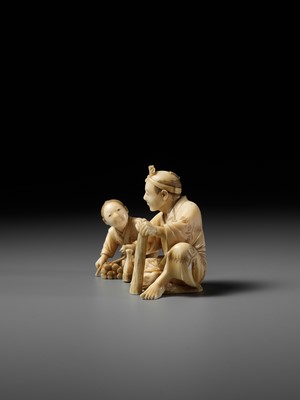 Lot 162 - HIROYUKI: AN IVORY OKIMONO OF A WOODCUTTER WITH CHILD
