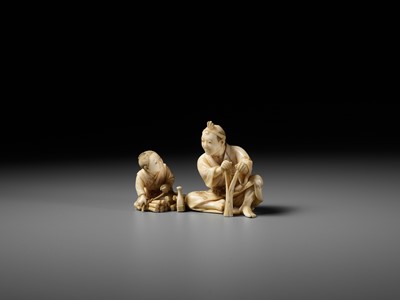 Lot 162 - HIROYUKI: AN IVORY OKIMONO OF A WOODCUTTER WITH CHILD