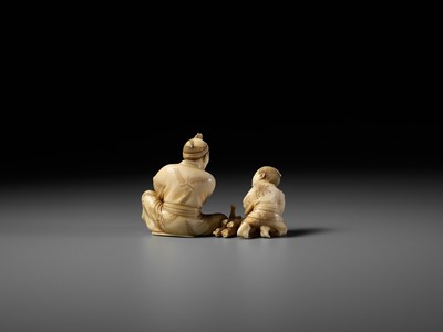 Lot 162 - HIROYUKI: AN IVORY OKIMONO OF A WOODCUTTER WITH CHILD