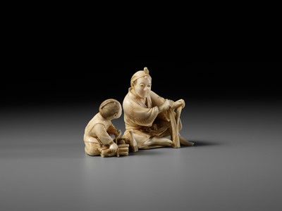 Lot 162 - HIROYUKI: AN IVORY OKIMONO OF A WOODCUTTER WITH CHILD