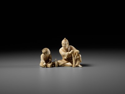 Lot 162 - HIROYUKI: AN IVORY OKIMONO OF A WOODCUTTER WITH CHILD