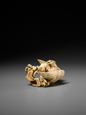 Lot 292 - KATO TOMOTOSHI: A SUPERB IVORY OKIMONO OF AN EAGLE PREYING ON A GROUP OF MONKEYS