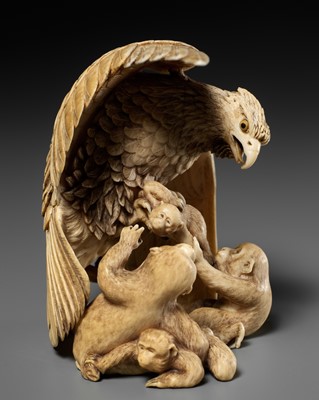 Lot 292 - KATO TOMOTOSHI: A SUPERB IVORY OKIMONO OF AN EAGLE PREYING ON A GROUP OF MONKEYS