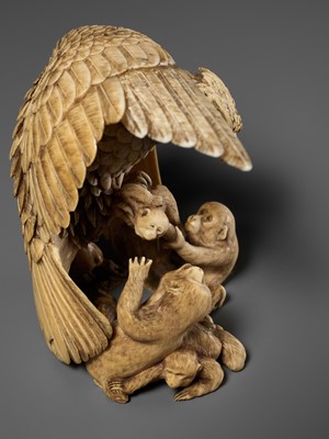 Lot 292 - KATO TOMOTOSHI: A SUPERB IVORY OKIMONO OF AN EAGLE PREYING ON A GROUP OF MONKEYS