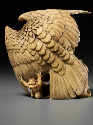Lot 292 - KATO TOMOTOSHI: A SUPERB IVORY OKIMONO OF AN EAGLE PREYING ON A GROUP OF MONKEYS