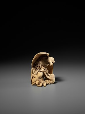 Lot 292 - KATO TOMOTOSHI: A SUPERB IVORY OKIMONO OF AN EAGLE PREYING ON A GROUP OF MONKEYS