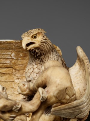 Lot 292 - KATO TOMOTOSHI: A SUPERB IVORY OKIMONO OF AN EAGLE PREYING ON A GROUP OF MONKEYS
