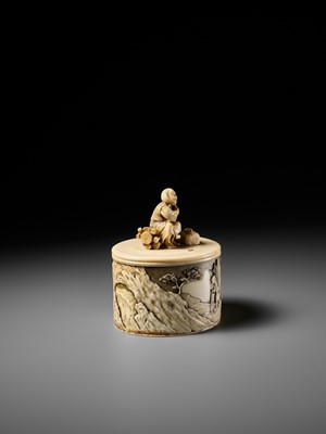 Lot 273 - YASUHARU: A FINE IVORY TUSK BOX AND COVER IN DEPICTING A BRUSHWOOD COLLECTOR
