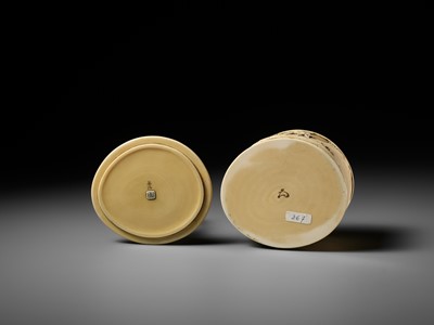 Lot 273 - YASUHARU: A FINE IVORY TUSK BOX AND COVER IN DEPICTING A BRUSHWOOD COLLECTOR