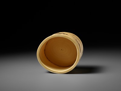 Lot 273 - YASUHARU: A FINE IVORY TUSK BOX AND COVER IN DEPICTING A BRUSHWOOD COLLECTOR