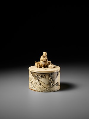 Lot 273 - YASUHARU: A FINE IVORY TUSK BOX AND COVER IN DEPICTING A BRUSHWOOD COLLECTOR