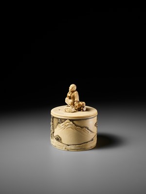 Lot 273 - YASUHARU: A FINE IVORY TUSK BOX AND COVER IN DEPICTING A BRUSHWOOD COLLECTOR