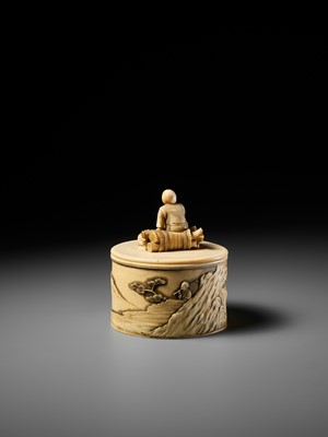 Lot 273 - YASUHARU: A FINE IVORY TUSK BOX AND COVER IN DEPICTING A BRUSHWOOD COLLECTOR