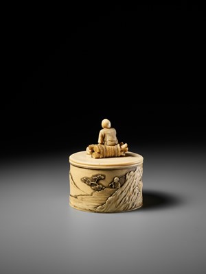 Lot 273 - YASUHARU: A FINE IVORY TUSK BOX AND COVER IN DEPICTING A BRUSHWOOD COLLECTOR