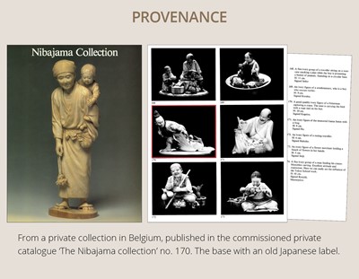 Lot 141 - KOGETSU: A FINE IVORY OKIMONO OF A HUNTER SNARING A CRANE