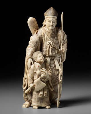 Lot 145 - HOMEI: A SUPERB TOKYO-SCHOOL IVORY OKIMONO OF MINAMOTO NO YORIMITSU AND KINTARO