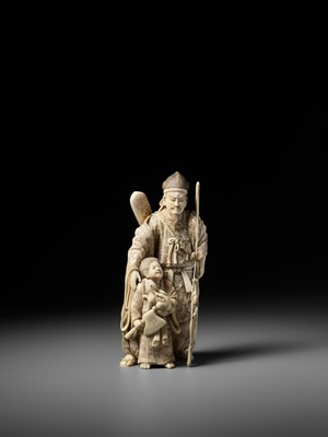 Lot 145 - HOMEI: A SUPERB TOKYO-SCHOOL IVORY OKIMONO OF MINAMOTO NO YORIMITSU AND KINTARO