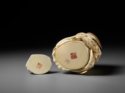 Lot 272 - TANAKA REIGYOKU: A FINE IVORY TUSK BOX AND COVER DEPICTING A SNAKE EATING A SPARROW