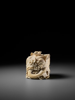 Lot 272 - TANAKA REIGYOKU: A FINE IVORY TUSK BOX AND COVER DEPICTING A SNAKE EATING A SPARROW