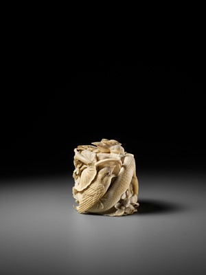 Lot 272 - TANAKA REIGYOKU: A FINE IVORY TUSK BOX AND COVER DEPICTING A SNAKE EATING A SPARROW