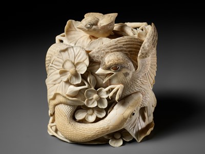 Lot 272 - TANAKA REIGYOKU: A FINE IVORY TUSK BOX AND COVER DEPICTING A SNAKE EATING A SPARROW