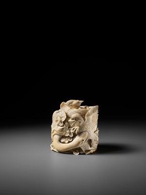 Lot 272 - TANAKA REIGYOKU: A FINE IVORY TUSK BOX AND COVER DEPICTING A SNAKE EATING A SPARROW