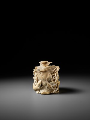 Lot 272 - TANAKA REIGYOKU: A FINE IVORY TUSK BOX AND COVER DEPICTING A SNAKE EATING A SPARROW