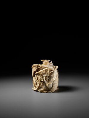 Lot 272 - TANAKA REIGYOKU: A FINE IVORY TUSK BOX AND COVER DEPICTING A SNAKE EATING A SPARROW