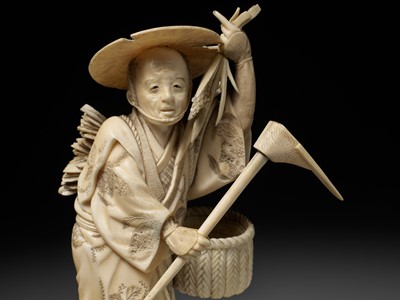 Lot 279 - KOICHI: AN IVORY OKIMONO OF A FARMER