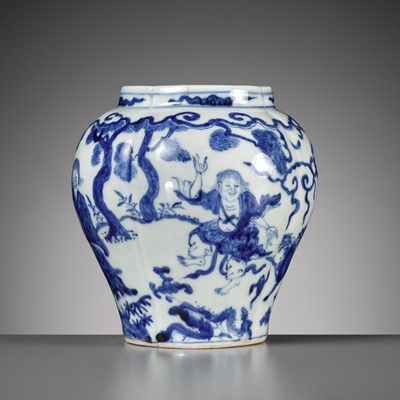Lot 179 - A RARE BLUE AND WHITE ‘FOUR IMMORTALS’ JAR, JIAJING MARK AND PERIOD, CHINA, 1522-1566